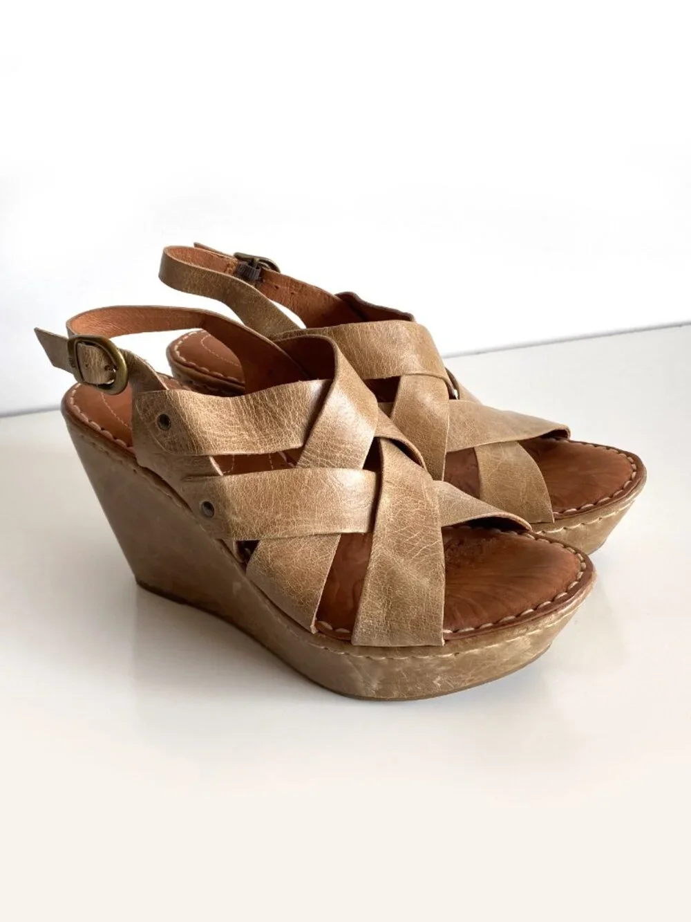 Born Womens US 6 Brown Leather CrisCross Sling Back Platform Wedge Sandals Shoes
